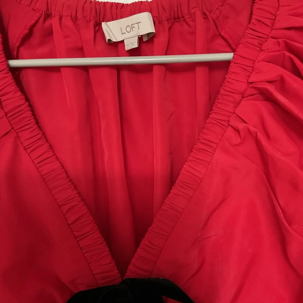 LOFT Red Puff Sleeve V-Neck Top with Black Velvet Bow